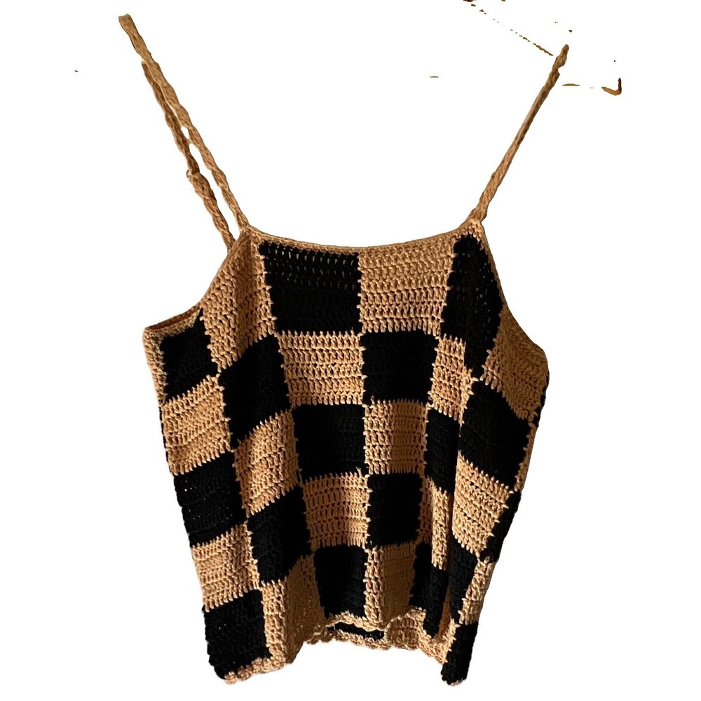 Pink Lily Women's XL Beige/Black Check Crochet Square Neck Camisole Tank Top